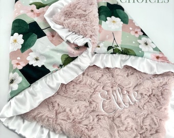 Personalized Baby Girl Blanket Handmade Shower Gift Pink Minky Soft Floral Vintage Boho Sage Green Gingham Nursery Toddler Quilt Satin Trim