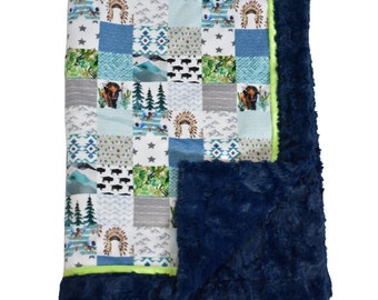 READY TO SHIP, Baby Boy Minky Blanket-Quick ship blanket-buffalo baby blanket-cactus baby blanket-buffalo minky