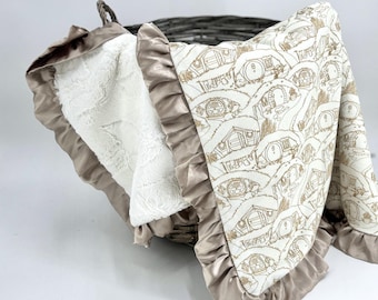 Hobbit Baby Blanket Minky Fabric Satin Ruffle Throw Soft Fantasy Bedding Middle Earth Nursery Decor Tolkien Inspired Personalized Gift Lotr