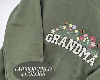 Embroidered Grandma Sweatshirt Soft Present for Matriarch Birthday Gift Floral Top with Butterflies Flower Design Cozy Sweater Large Size