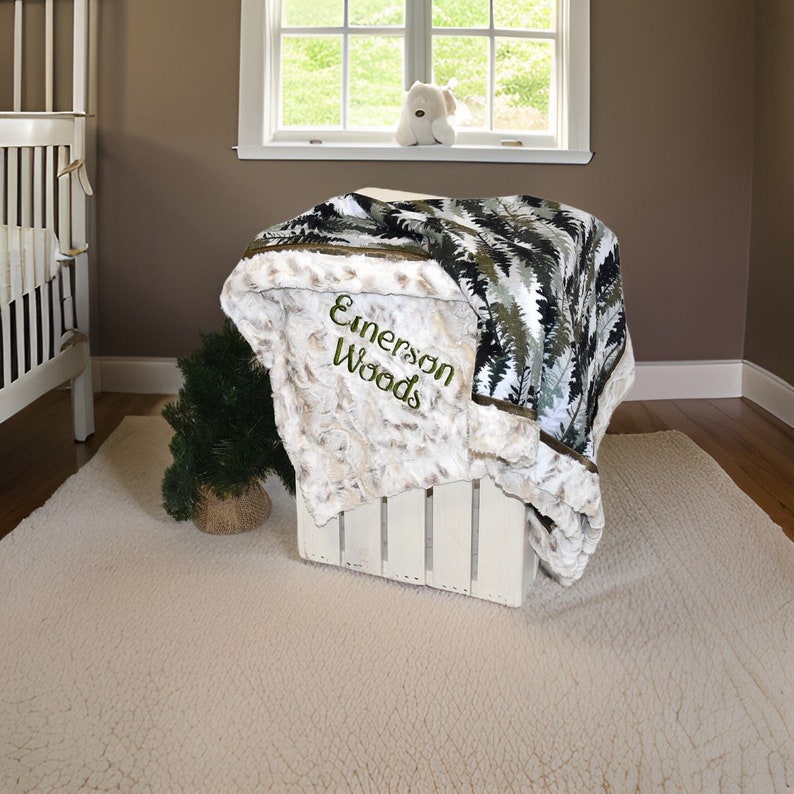 Personalized Woodland Minky baby boy Blanket, Deer Baby gift, Woodland nursery, camo blanket, fawn baby blanket, mossy oak baby boy gift image 1