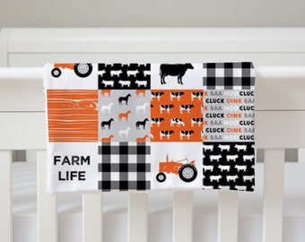 Personalized security blanket baby boy shower gift- Orange tractor Farm Boy Baby  gift, Country Baby Boy shower gift, newborn baby gift