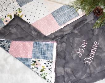 Personalized minky blanket pink and gray baby girl Blanket floral baby gift Personalized baby gift soft baby blanket girl