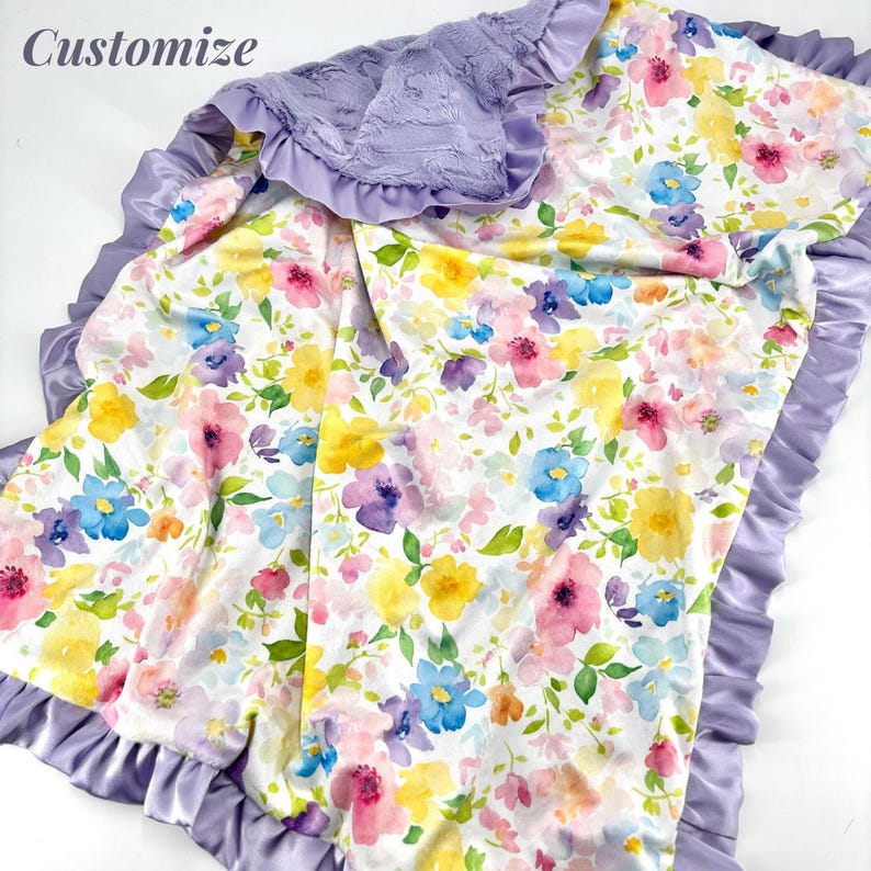 Custom Nursery Bedding Set Minky Blanket Watercolor Floral Pattern Baby Girl Design Lavender Satin Trim Ruffle Edge Detail Soft Minky Fabric Double Sided Comfort Infant Crib Blanket Car Seat Cover Premium Baby Shower Gift Newborn Present