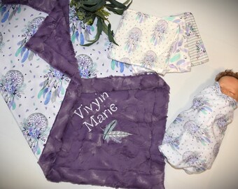 Personalized Dream catcher Purple minky Blanket- baby girl gift,  Knit Swaddle Blanket and burp cloths, Tribal baby, Newborn baby gift