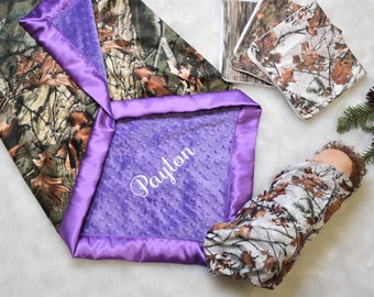 Personalized CAMO baby blanket, Woodland baby gift, PURPLE blanket for baby girl, camo burp cloths, woodland knit swaddle, Deer blanket