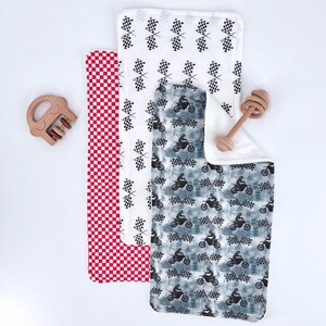 Handmade Baby Burp Cloth Set Racing Theme Design Cotton Front Velour Back Three Pack Collection Motorcycle Pattern Details Checkered Flag Motif Black Red White Color Scheme Practical Nursery Essential Perfect Shower Gift Premium Quality
