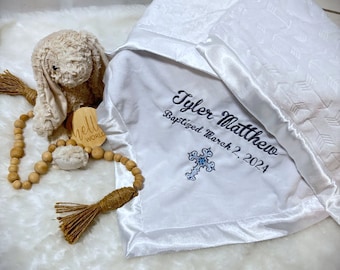 Personalized Baptism Custom Baby Boy minky Blanket- white, blue, silver Christening Baby Boy Baptismal keepsake, Personalized baptismal gift