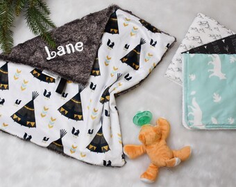 Personalized Wolf Tribal baby boy Lovey- Woodland baby boy blanket- blankie-baby boy shower gift, Fox Pacifier holder, fox burp cloth