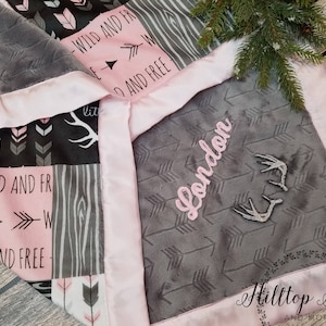 Pink Woodland Personalized Minky Blanket-Baby Girl Deer Blanket-Personalized baby gift-Woodland baby blanket girl-Newborn baby gift-hunting