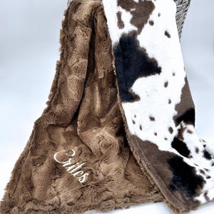 Personalized plush cowhide minky baby blanket Western nursery Newborn baby gift soft cowboy shower idea for new mom with cow embroidery image 1