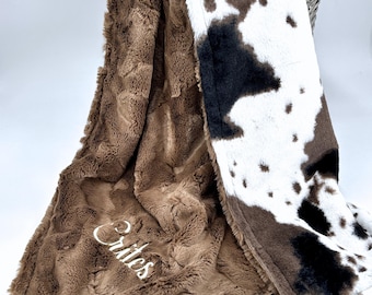 Personalized plush cowhide minky baby blanket Western nursery Newborn baby gift soft cowboy shower idea for new mom with cow embroidery