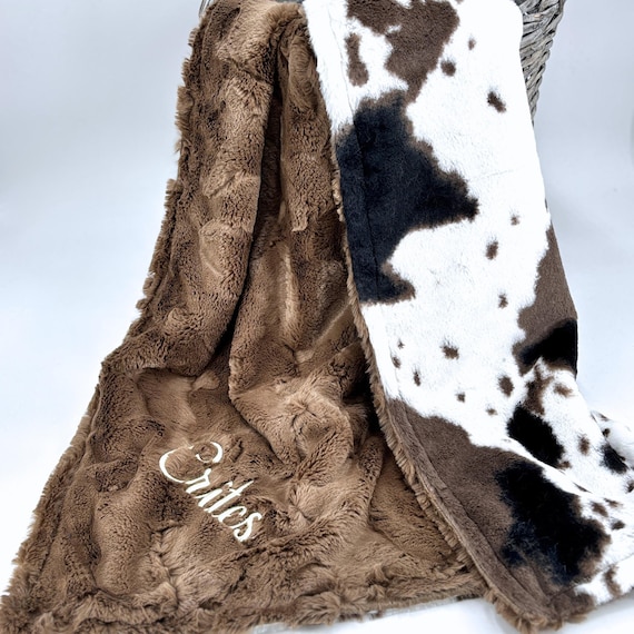 Personalized plush cowhide minky baby blanket Western nursery Newborn baby gift soft cowboy shower idea for new mom with cow embroidery