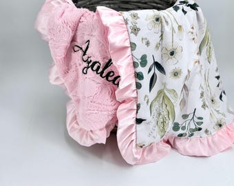 Personalized Baby Blanket Custom Embroidery Name Gift Baby Shower Present Idea Nursery Decoration Floral Design Minky Fabric Satin Trim