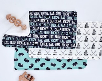 Hockey Baby Burp Cloth Set Three Pack Infant Gift Shower Present Sports Room Decor Blue Puck Design Newborn Blanket Cotton Soft Terry Back