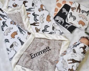 Personalized Safari Baby blanket-zoo baby shower-baby boy gift set-baby safari animals baby shower-knit swaddle-burp cloths-baby boy blanket