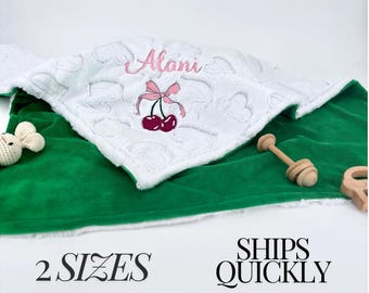 Personalized Baby Blanket Minky Embroidered Name Customized Shower Gift Plush Nursery Newborn Cozy Cuddly Applique Cherry Crib Blanket