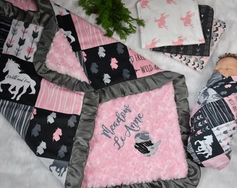 Pink Western Personalized Minky Blanket Gift set, baby girl blankets Western, Baby girl horse Shower gift, Cowgirl, knit swaddle, burp cloth