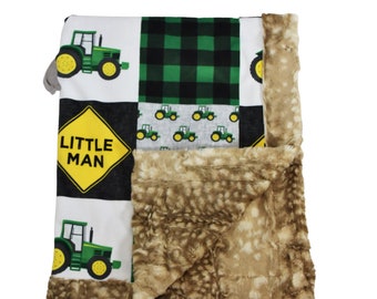 READY TO SHIP-Green Tractor Baby boy minky blanket, Country farm baby boy shower gift, green and yellowfarmer baby