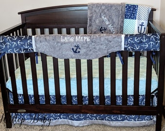 Nautical Baby Boy Personalized nursery bedding, Anchor Baby Boy Bedding set, Nautical blue and gray baby blanket