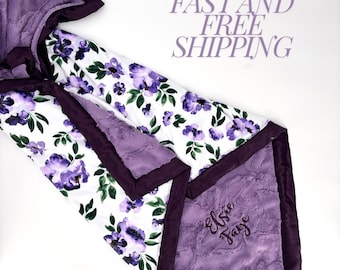 Personalized Minky Blanket Custom Name Embroidered Infant Comfort Cover Nursery Accessory Purple Floral Design Girl Baby Gift Toddler Minky