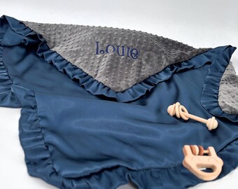 Personalized Baby Blanket Custom Name Baby Shower Gift Embroidered Navy Satin Minky Security Blanket Newborn Keepsake Hospital Gift Boy Girl