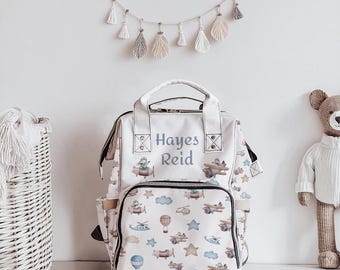 Airplane Themed Diaper Bag with name for Baby Travel Carrier Storage backpack Organizer Personalized Diaper Bag with Airplane Baby Gift
