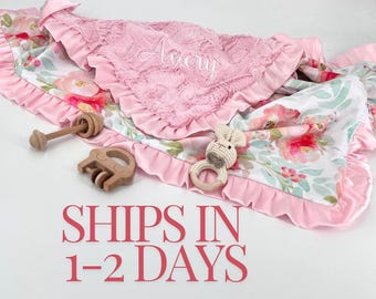 Boho pink personalized baby girl blanket for new mom gift girl handmade softest baby girl minky and satin blanket floral custom baby blanket