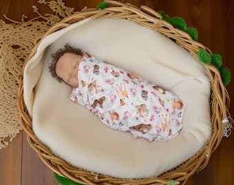 Woodland Animal Knit Swaddle Blanket - Purple Deer Nursery Baby Shower Gift