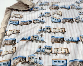 Personalized Baby Blanket Minky Fabric Train Design Vintage Style Nursery Decor Blue Transportation Theme Bedding Soft Plush Crib Accessory
