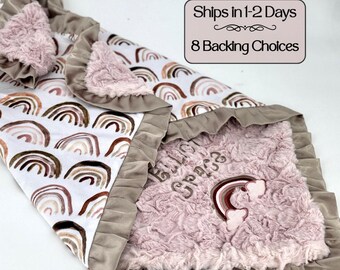 Rainbow Baby Blanket Personalized Minky Throw Custom Name Gift Embroidered Newborn Present Satin Trim Accessory Photo Prop Nursery Decor