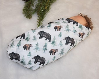 BEAR Knit Swaddle -Black bear baby blanket, baby boy blankets with bears,  Newborn swaddle set, baby accessories, swaddle for baby boy