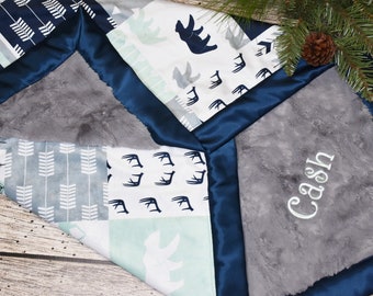 Woodland Personalized Navy and mint baby boy blanket-Deer baby boy shower gift, Personalized baby gift, custom blue baby boy blanket