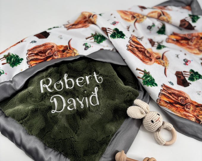 Featured listing image: Personalized Highland cow baby boy minky blanket for a country boy Baby Gift Farmer custom baby blanket shower gift for a farm nursery