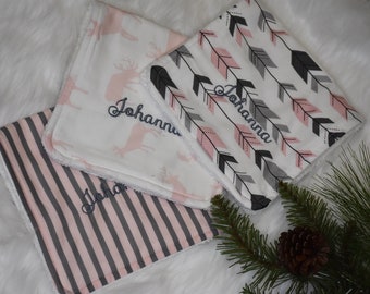 Woodland Personalized baby Girl shower gift-Pink and gray deer burp cloth set