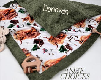 Highland Cow Baby Blanket Minky Security Blanket Farm Nursery Decor Baby Shower Gift Soft Newborn Gender Neutral Farm Animal Comfort Blanket