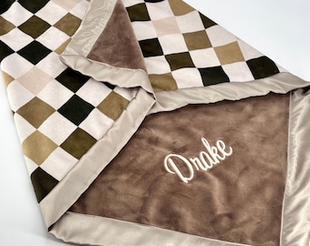 Taupe Baby Blanket Personalized Boy Name Embroidered Checkered Baby Blanket Custom Minky Throw Plush Soft Handmade Gift Shower Newborn