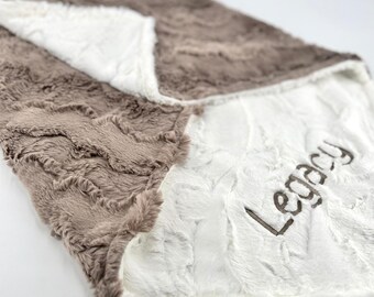 Personalized Baby Blanket Custom Name Embroidered Keepsake Newborn Gift Neutral Nursery Woodland Bedding Soft Minky Taupe Throw Earth Tone