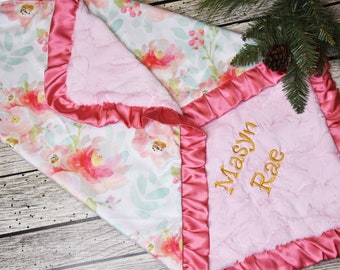 Boho pink personalized baby girl blanket-pink, gold and coral watercolor floral personalized baby girl shower gift, Personalized baby gift