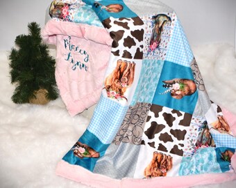 Personalized Highland Cow blanket, Minky infant Girl blanket, boho highland cow, custom highland cow, minky cow print, Western girl blanket