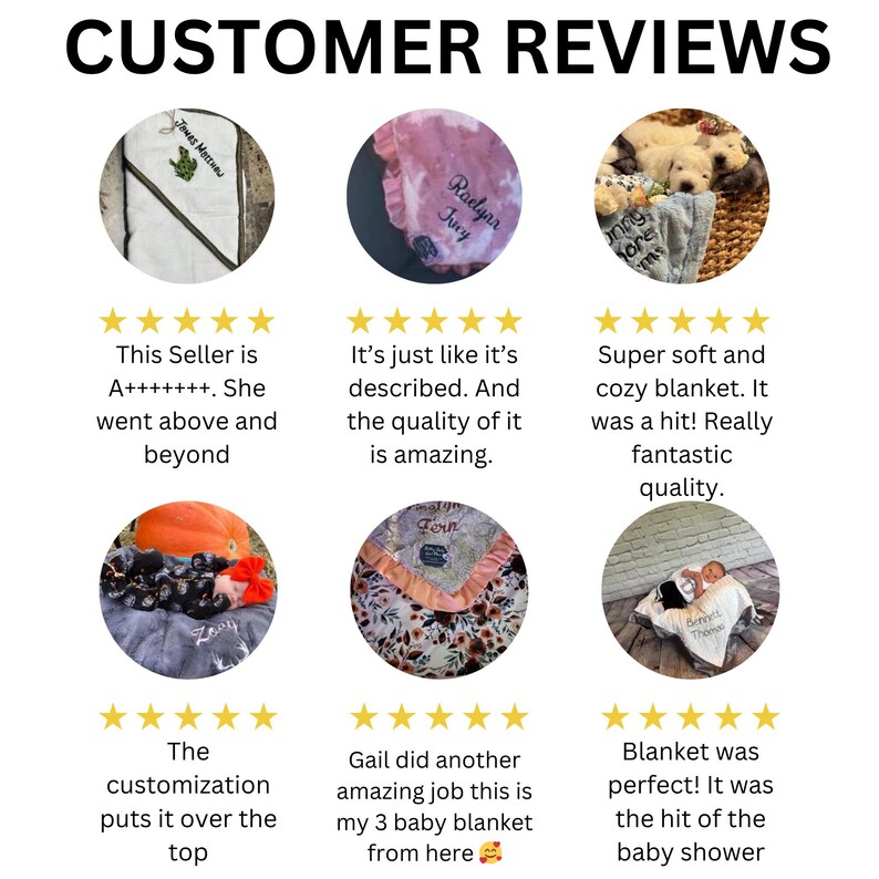 May include: Customer reviews for personalized baby blankets. The blankets are soft and cozy, with various colors and designs. The reviews highlight the quality and customization options available.
