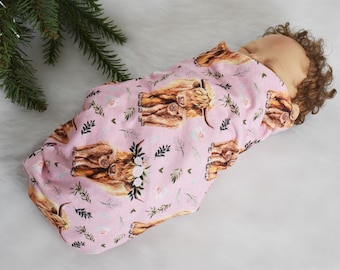 Knit Swaddle Blanket-Pink HIGHLAND COW Floral swaddle Baby Girl Blanket- Country Boho Baby girl gift