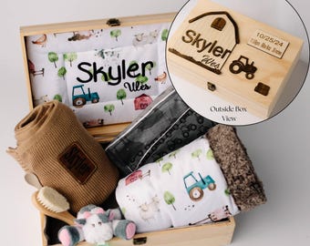 Engraved memory box with name Farm baby keepsake embroidered trunk baby gift idea for mom organizer box for baby shower gift for baby boy