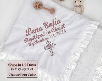 Personalized baby baptism gift embroidered girl white christening blanket with satin gift for Goddaughter dedication gift from Godmother