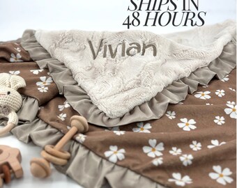 Daisy tan personalized girl baby blanket newborn baby shower gift for girl name baby blanket floral baby gift boho minky baby blanket gift
