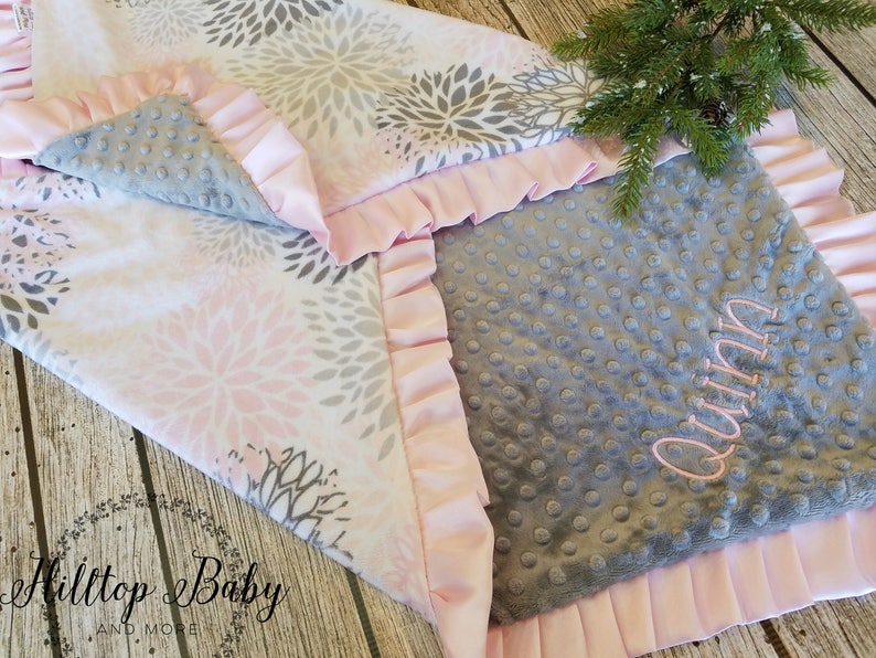 Gray and Pink Personalized Baby Girl minky blanket Floral image 1