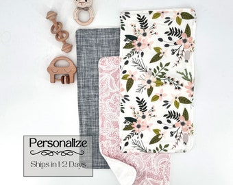 Personalized Floral newborn burp cloth name embroidered baby girl burp rag for a custom baby shower gift monogrammed baby essential for mom