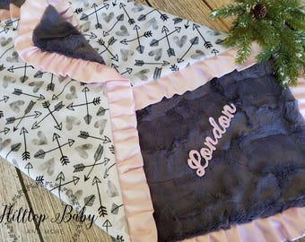 Pink and Gray Baby Girl Personalized Minky Blanket-Arrow Baby Shower Gift, Personalized baby gift