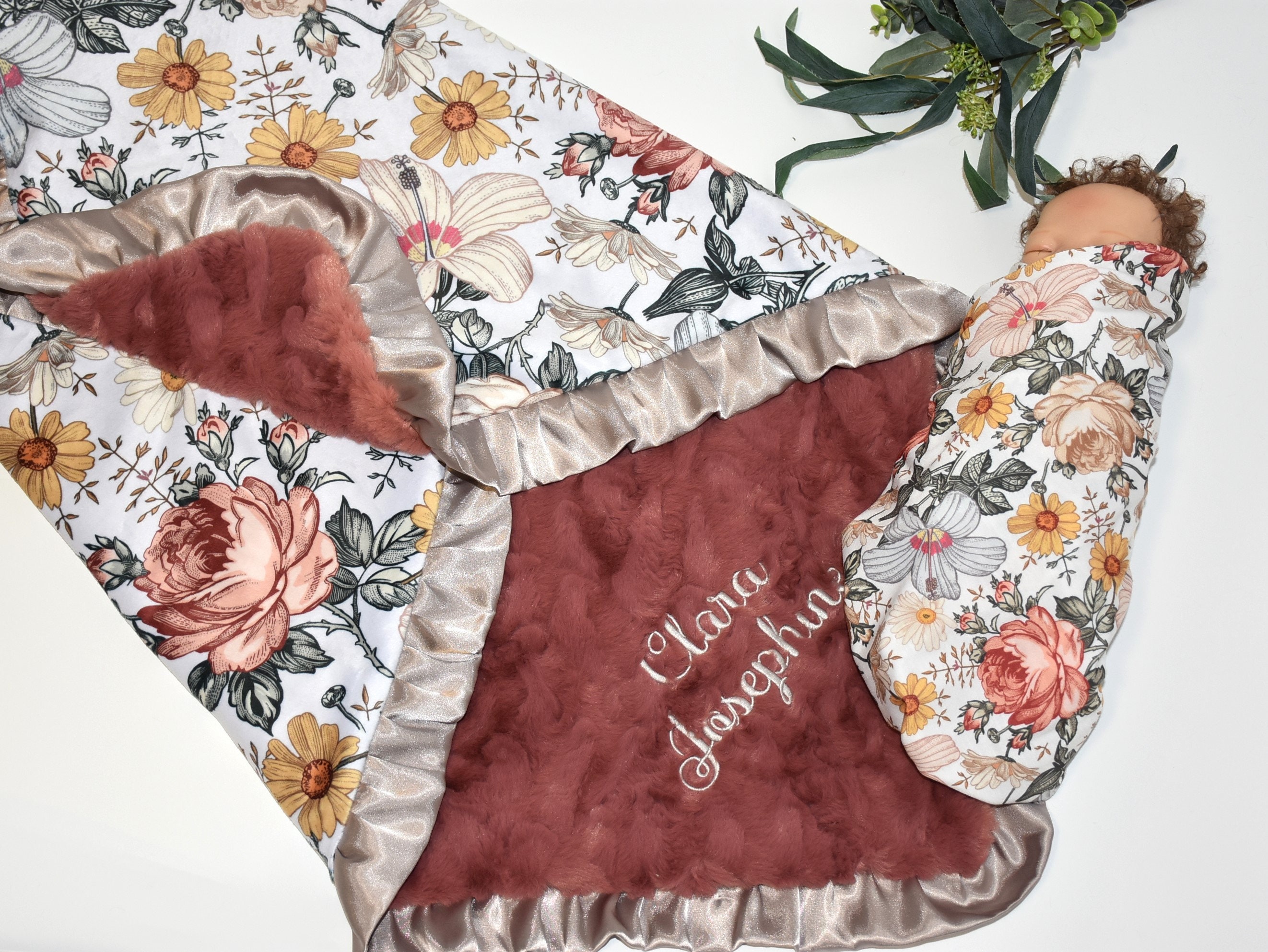 floral minky baby blanket satin trim baby blanket minky personalized custom baby gift baby girl gift in vintage floral knit swaddle