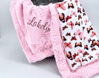 Personalized Baby Blanket with Name Embroidered Gift Girl Shower Present Newborn Infant Keepsake Butterfly Nursery Pink Minky Soft Throw